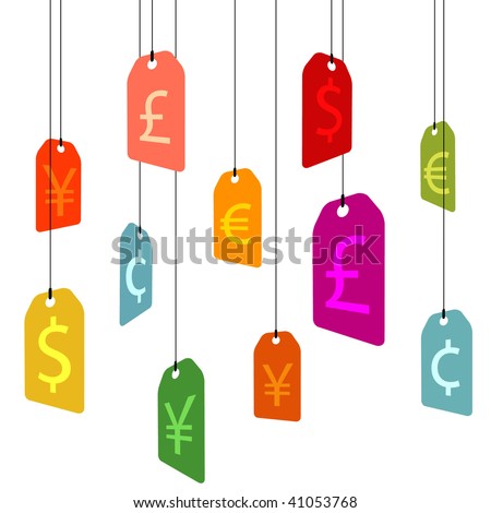 hanging pricetags with currency signs