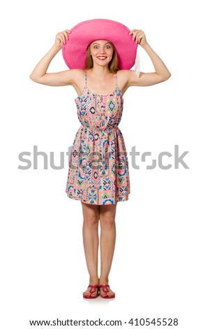 Girl in summer light dress and hat isolated on white