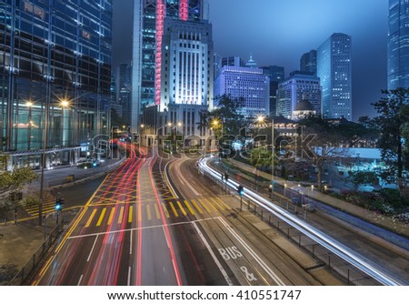 light trails in the downtown district,hong kong china.