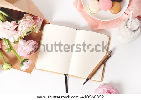 image of fresh spring pink flowers,macaroons  with copy space