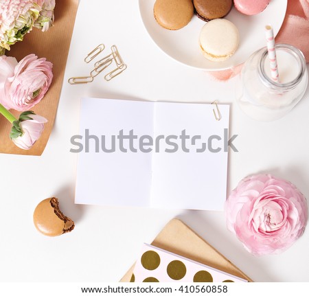 image of fresh spring pink flowers,macaroons  with copy space