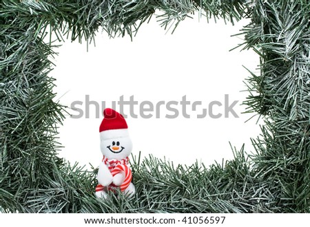 A green garland border isolated on a white background with snowman, garland border
