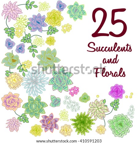 Succulent garden clip art flowers element set. Floral cartoon clipart greeting or wedding floral card template.