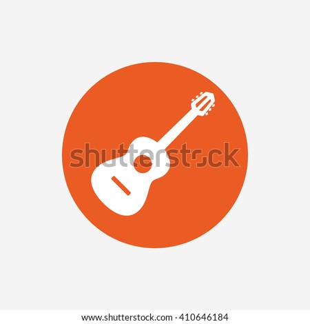 Acoustic guitar sign icon. Music symbol. Orange circle button with icon. Vector