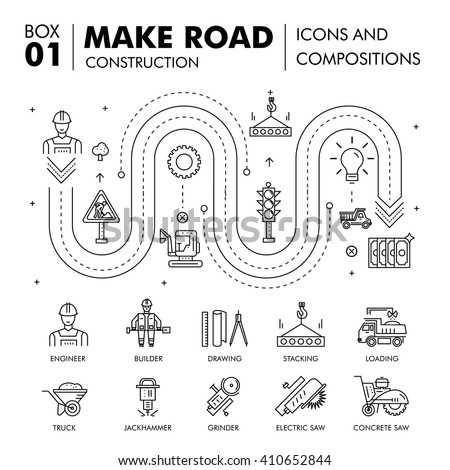 Modern road building and bridge construction thin line block flat icons and concept development strategy and idea concept architecture Royalty-Free Stock Photo #410652844