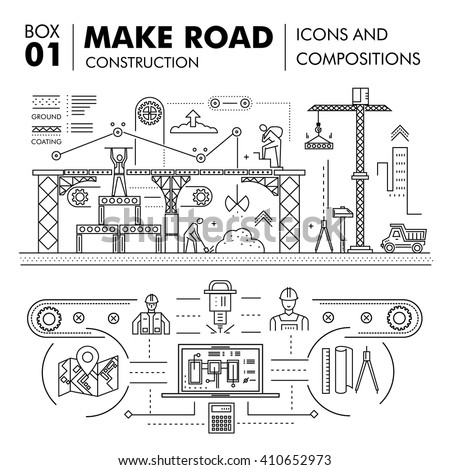 Modern road building and bridge construction thin line block flat icons and concept development strategy and idea concept architecture Royalty-Free Stock Photo #410652973