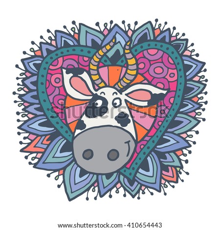 Cute smiling cow in the heart shaped floral vignette. Lovely vector illustration.