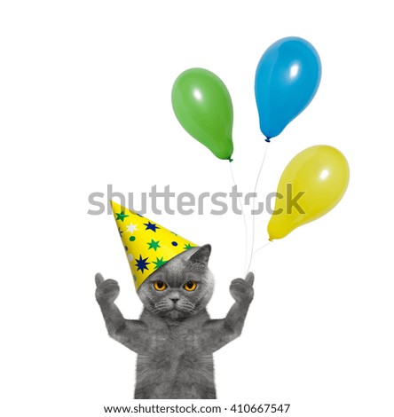 Cat celebrating birthday with balloons -- isolated on white background