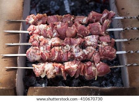 Shashlyk meat cooking on grill outdoor. Traditional Caucasian cuisine dish. Marinated red beef meat being cooked on fire outdoor. Delicious picnic dish on skewer