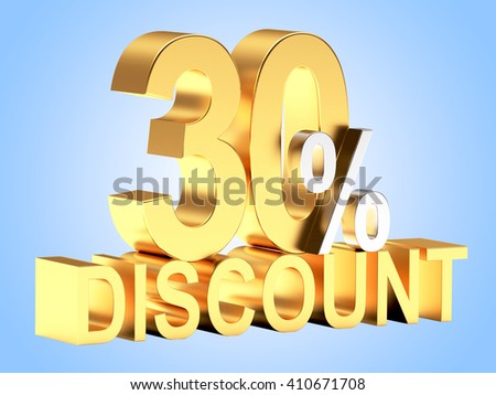 Golden 30 PERCENT and word DISCOUNT on blue background. 3d illustration