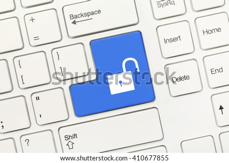 Close-up view on white conceptual keyboard - Blue key with open lock symbol
