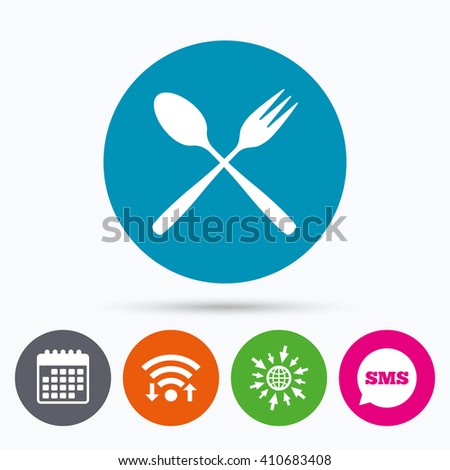 Wifi, Sms and calendar icons. Eat sign icon. Cutlery symbol. Dessert fork and teaspoon crosswise. Go to web globe.