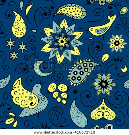 Endless seamless ornate floral pattern with birds, berries,Paisley,swirls. Stock vector