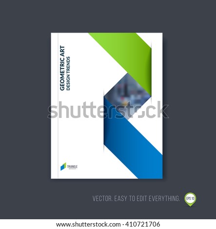 Brochure template layout; cover design annual report; magazine; flyer or booklet in A4 with blue green dynamic triangular geometric shapes and folding stripe ribbon. Business vector Illustration.