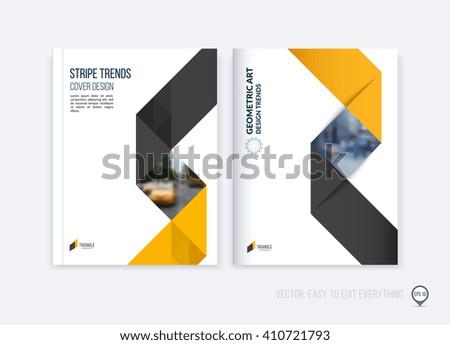 Brochure template layout; cover design annual report; magazine; flyer or booklet in A4 with orange black dynamic triangular geometric shapes and folding stripe ribbon. Business vector Illustration.