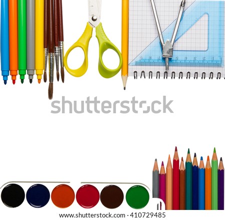 Assortment of school supplies isolated on white background