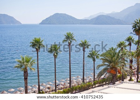 View of the Aegean sea and the beach. Marmaris. Turkey.