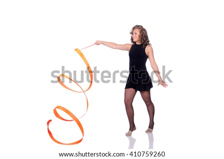 young girl doing gymnastics on the white background