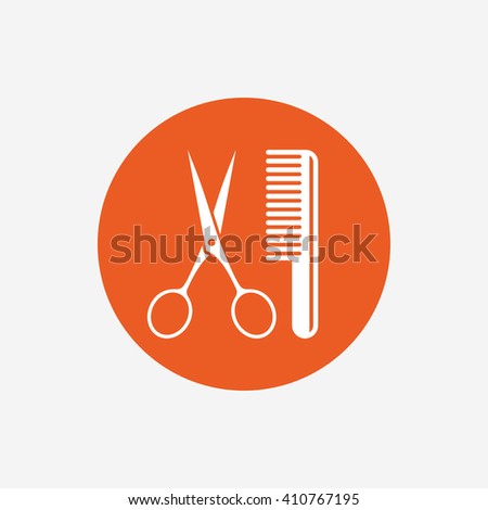 Comb hair with scissors sign icon. Barber symbol. Orange circle button with icon. Vector