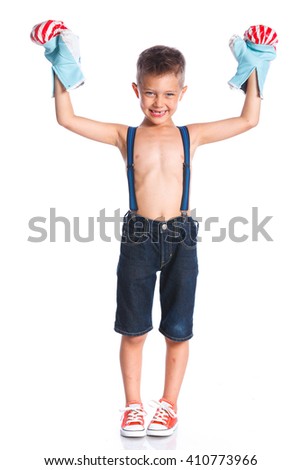 Cute little boxer boy wearing a boxer gloves. Isolated on a white backgrownd
