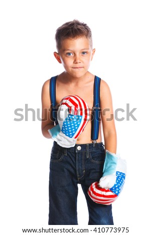 Portrait of cute little boxer boy wearing a boxer gloves. Isolated on a white backgrownd