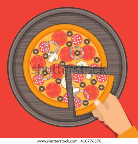 Pizza on the board. Hand holding slice of pizza. Pizza ingredients vector illustrations.