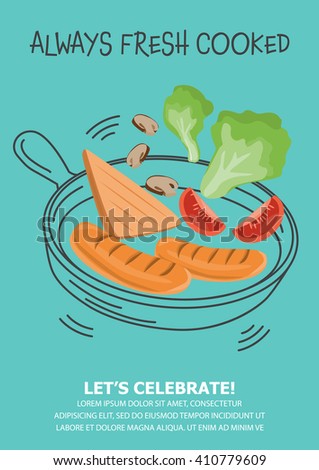 funny breakfast Posters and background set. flat and doodle design. there are egg, coffee , cereal with milk, pancake, bread, vegetable and hotdog layout template in A4 size. vector illustration.