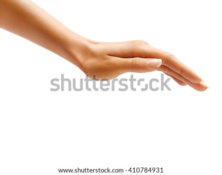 Woman's hand sign isolated on white background. Inverted open palm, close up.