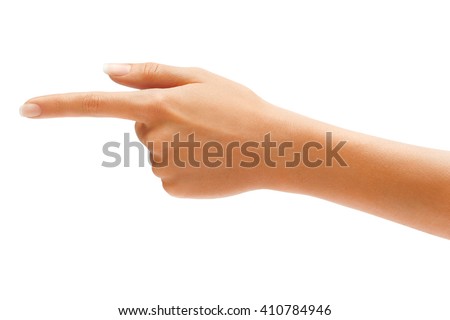 Woman's hand points a finger at something isolated on white background. High resolution product. Close up