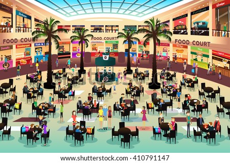 A vector illustration of people eating in a food court in a shopping mall