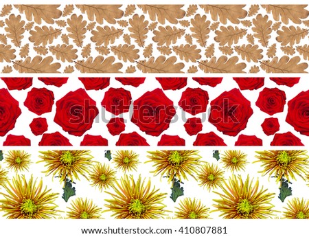  Three header site  panorama front-end. Flower red rose,  green chrysanthemum, brown oak  leaf,  autumn fall. Floral background for your projects.  Website template.