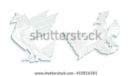 Birds with abstract pattern. Fantasy eagles isolated on the white background. Cut white paper. Design element, sign, symbol, logo. Good for avatar, tattoo. 3D Design template. Coloring book elements