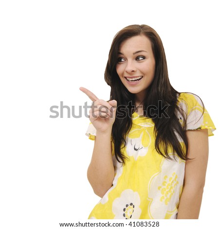 woman pointing at copyspace
