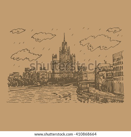 Moscow cityscape. View of Moskvoretskaya Embankment of Moskva River, Raushskaya quay, Bolshoy Ustinsky Bridge and Kotelnicheskaya Embankment High-Rise Building. Sketch by hand. Vector illustration