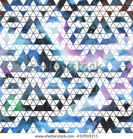 Galaxy seamless pattern with triangles and geometric shapes. Vector trendy illustration.