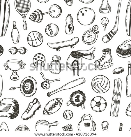 Seamless pattern with sport objects. Hand drawn vector illustration. Curling, tennis, skating, baseball, hockey, golf, football, basketball, volleyball, soccer, ping pong, surfing and other.