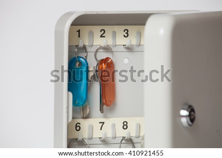 Fragment of metal box with keys . Colored tags of keys. Royalty-Free Stock Photo #410921455