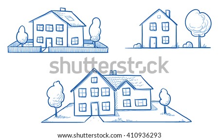 Set of three different houses, detached, single family houses with gardens. Hand drawn cartoon vector illustration.