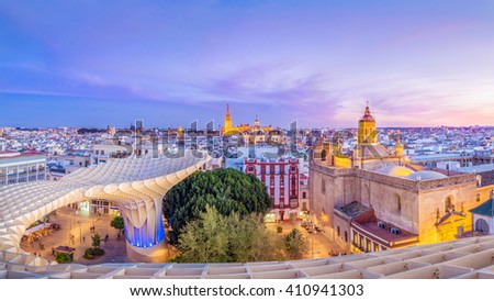 From the top of the Space Metropol Parasol (Setas de Sevilla) one have the best view of the city of Seville, Spain. It provides a unique view of the old city center and the cathedral. Royalty-Free Stock Photo #410941303
