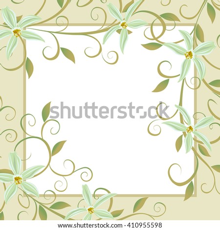 A bouquet of orchids. Background for text with white flowers orchids. Vector illustration of Curling vines of the orchids of vanilla.