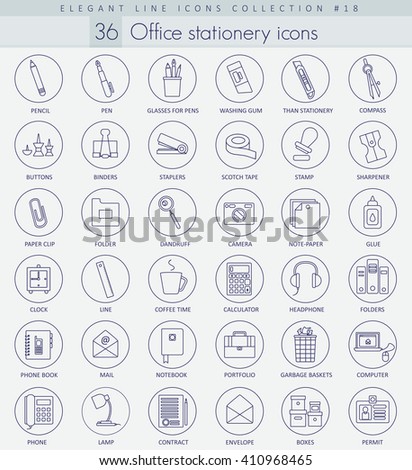 Vector Office Stationery icons outline icon set. Elegant thin line style design.