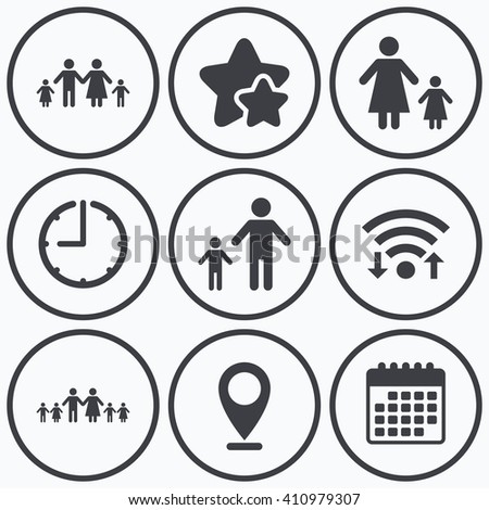 Clock, wifi and stars icons. Large family with children icon. Parents and kids symbols. One-parent family signs. Mother and father divorce. Calendar symbol.
