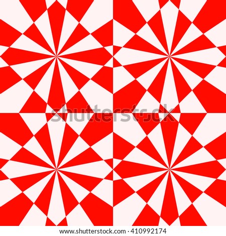 Seamless symmetric geometric ornament. Red white stylized optical prism sunbeam background. Red striped abstract wallpaper. Vector illustration