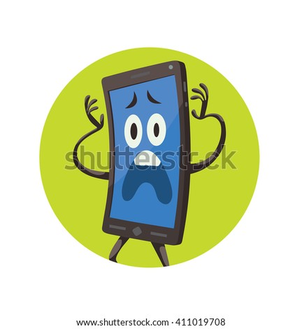Vector image of a round green frame with cartoon image of a black smartphone with blue screen, with arms, legs with frightened expression on face in the center on white background. 