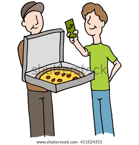 An image of a Man paying pizza delivery guy.