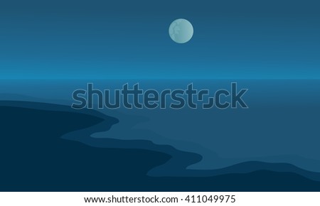 Beach at night scenery with moon and blue backgrounds
