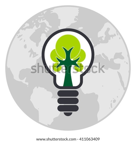 Global light bulb with tree inside. Icon isolated on white background. Ecology lamp icon