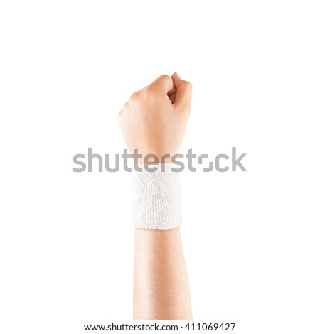 Blank white wristband mockup on hand, isolated. Clear sweat band mock up design. Sport sweatband template wear on wrist arm. Sports support protective bandage wrap. Bangle on the tennis player.