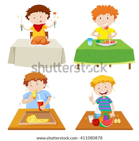 Boys eating at dining table illustration