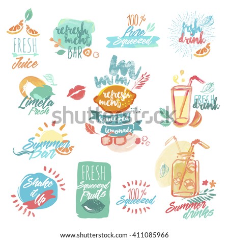 Set of hand drawn watercolor labels and signs of fresh fruit juice and drinks. Vector illustrations for menu, food and drink, restaurant and cocktail bar, summer refreshment, fruit, summer holiday.